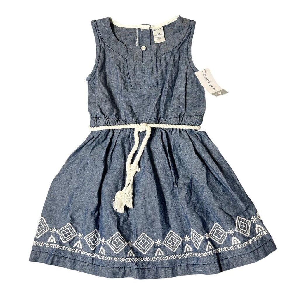 Carter's Dress Toddler‎ Girls 2T Chambray Sleeveless Dress Embroidered Hem
